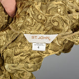 Medium 1980s St. John Blouse Green Gold Button-Up Silk Print Shirt