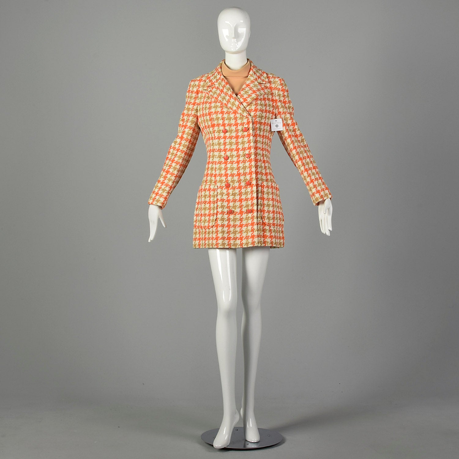 Large 1970s Blazer Set Lilli Ann Tweed Orange Tan Houndstooth Velour Tweed Jacket Mockneck Tunic Top