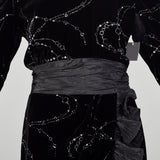 Large 1980s Escada Dress Black Velvet Glitter Ruffle Asymmetrical Hem Cocktail Party Evening Gown
