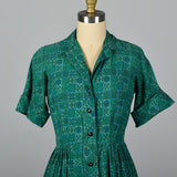 1950s Teal Print Cotton Day Dress