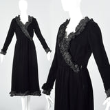 1970s Yves Saint Laurent Rive Gauche Black Velvet Dress with Ruffle Trim