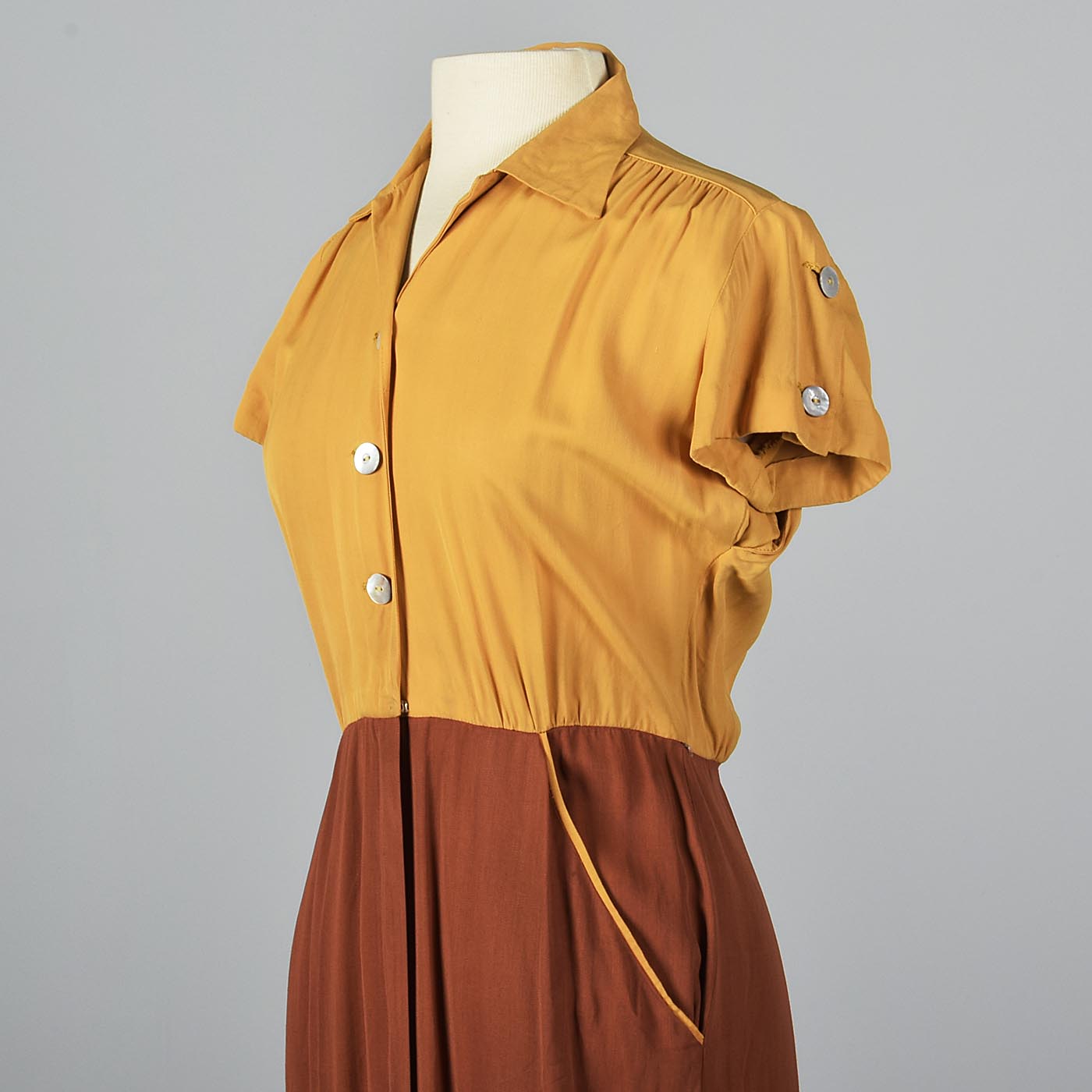 1950s Yellow and Brown Gaberdine Day Dress