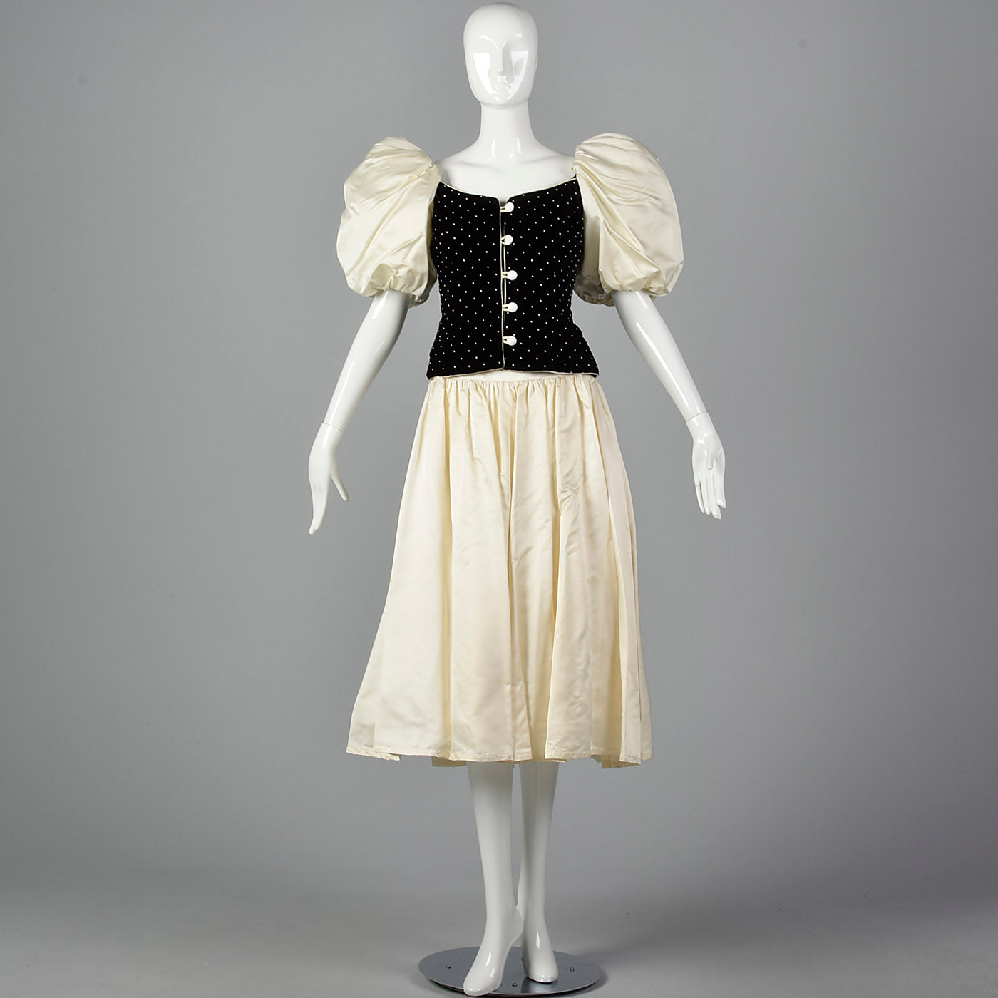 Small Patricia Rhodes 1980s Black Bodice Cream Skirt Dress Set