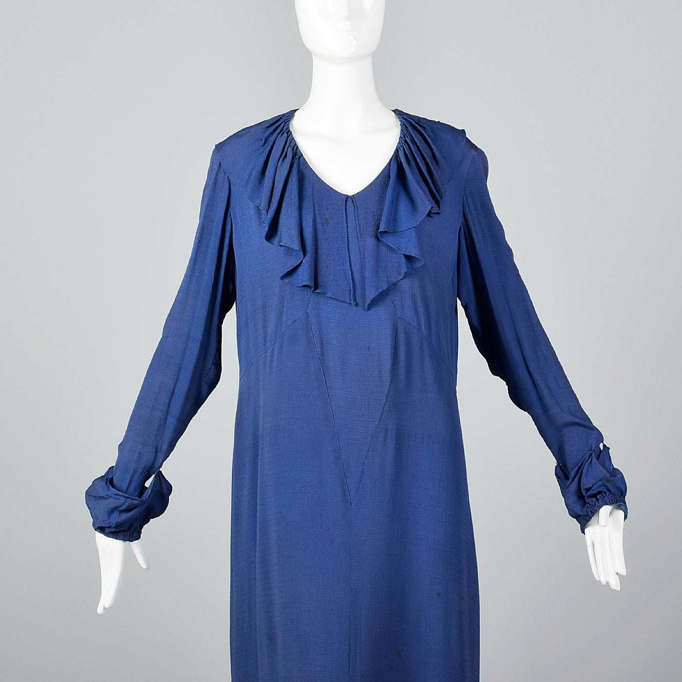 1930s Blue Dress with Ruffle Neckline