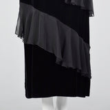 1980s Black Velvet Maxi Dress with Chiffon Ruffle