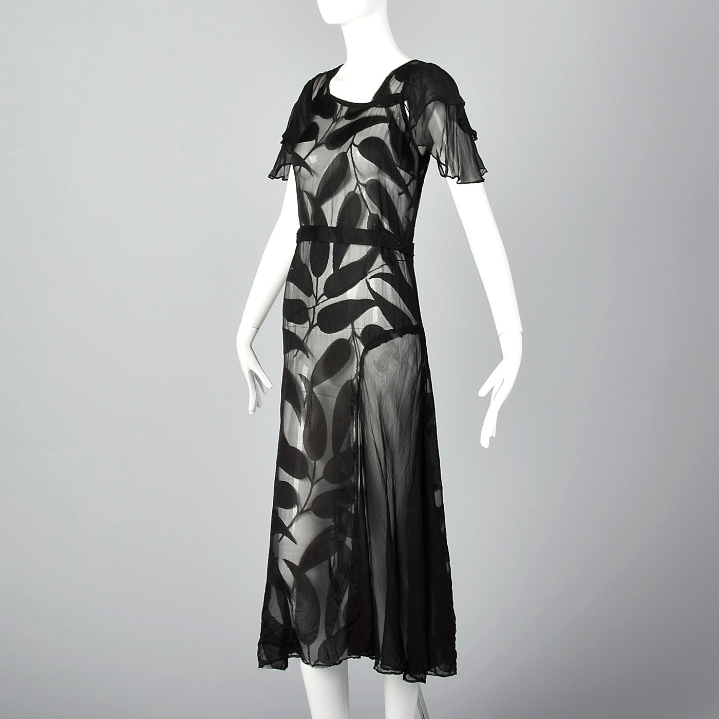 1930s Sheer Black Silk Dress with Abstract Leaf Design