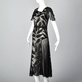 1930s Sheer Black Silk Dress with Abstract Leaf Design