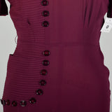 Medium 1950s Dress Plum Rayon Short Sleeve Casual Pin-Tuck Dress