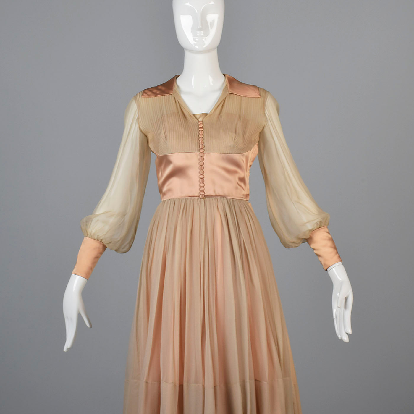 1950s Nude Silk Chiffon Dress with Bishop Sleeves