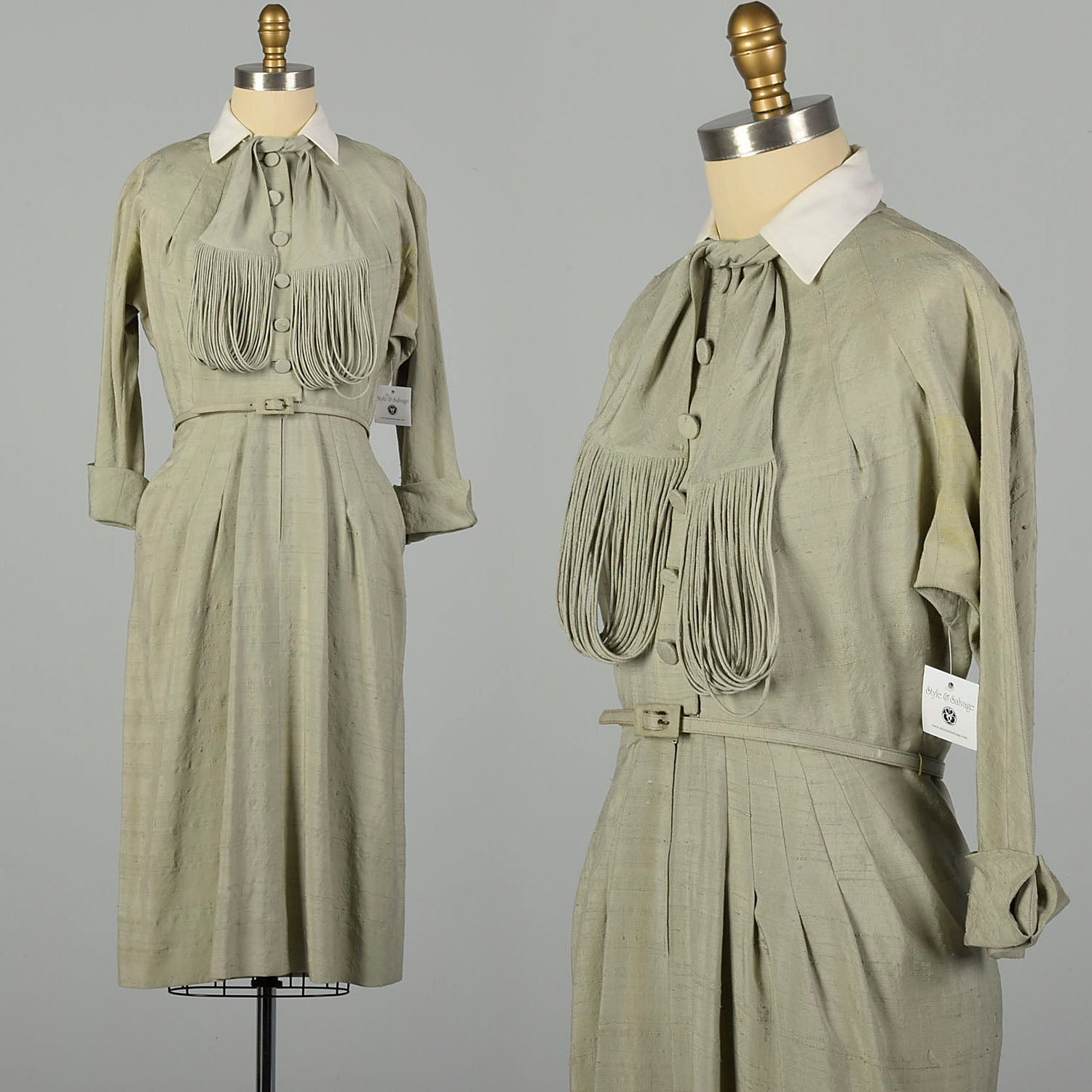 Medium 1950s Dress Designer Sage Green Lightweight Silk Long Sleeve