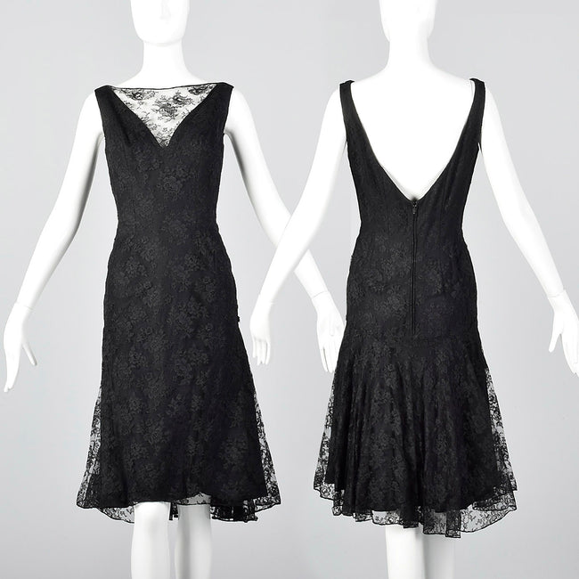 1960s Mignon Black Lace Mermaid Dress with a Stunning Neckline