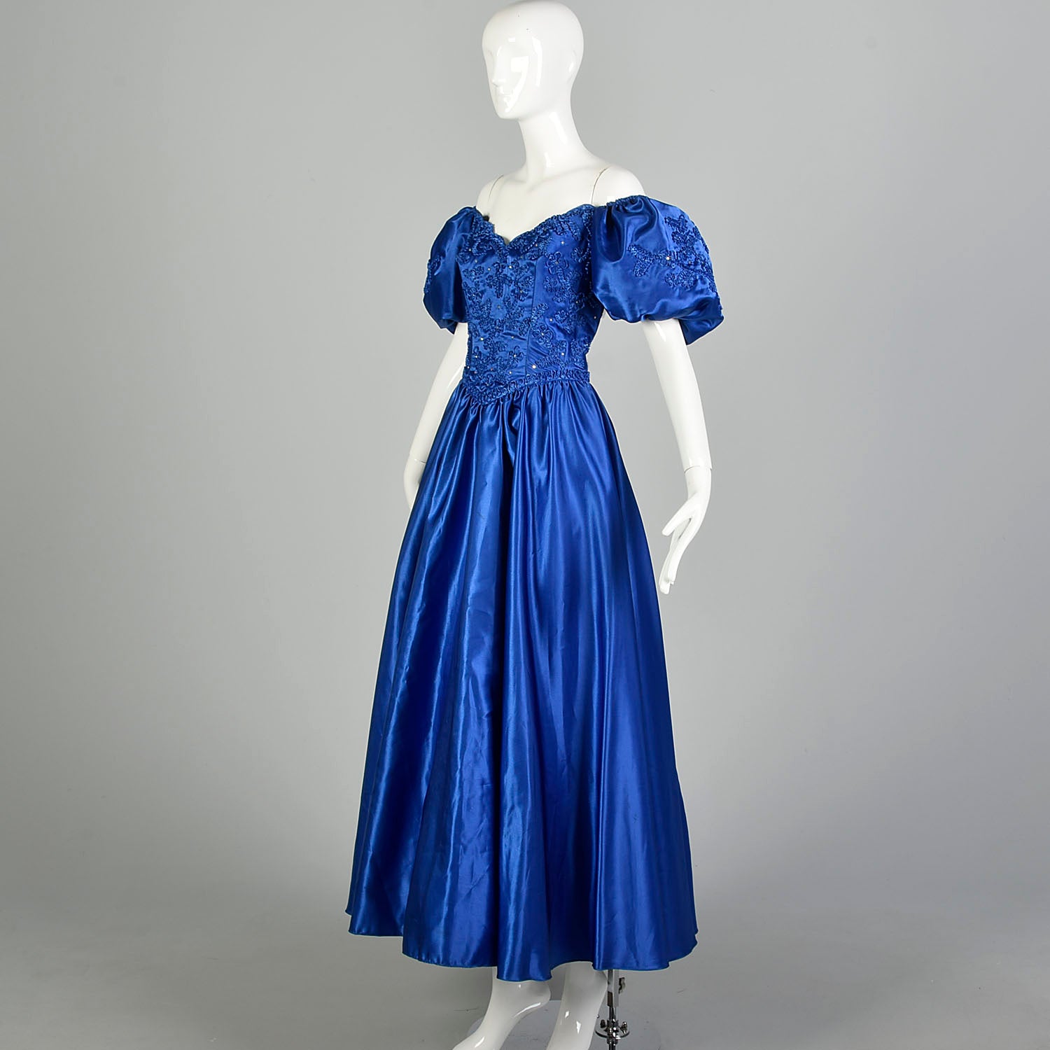 Large 1980s Mike Benet Formals Blue Ribbon Puff Sleeve Prom Dress