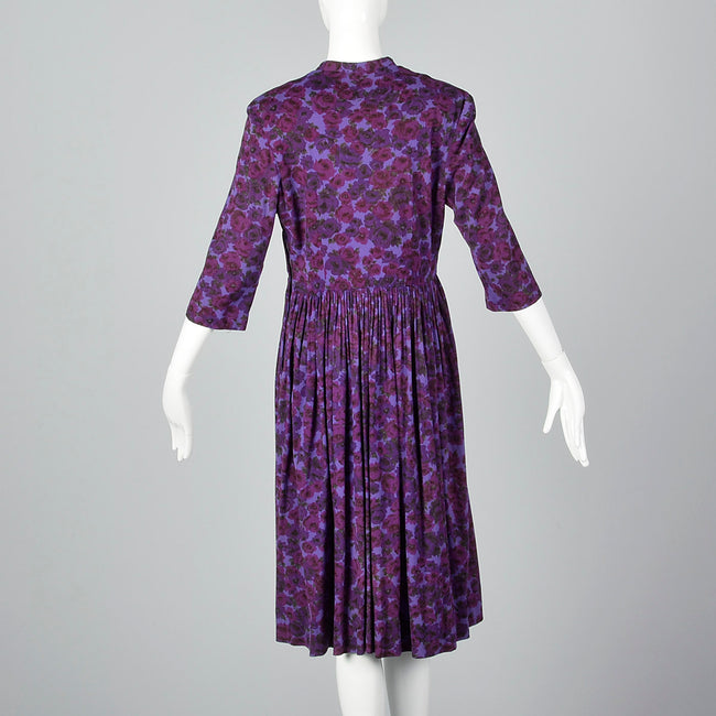 1960s Purple Floral Print Dress