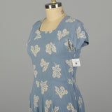 XL 1950s Day Dress Casual Blue Short Sleeve Floral Novelty Print Rayon