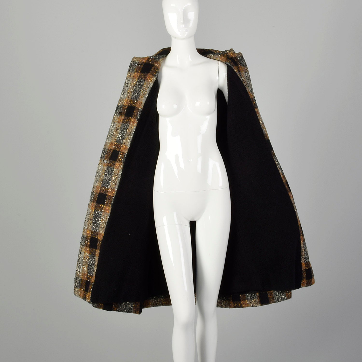 XL 1950s Coat Black Brown Flecked Tweed Overcoat Plaid Winter Wool Plush Lined Outerwear