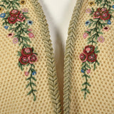 XS 1950s Beige Cropped Cardigan Sweater with Hand Embroidered Beading and Velvet Trim