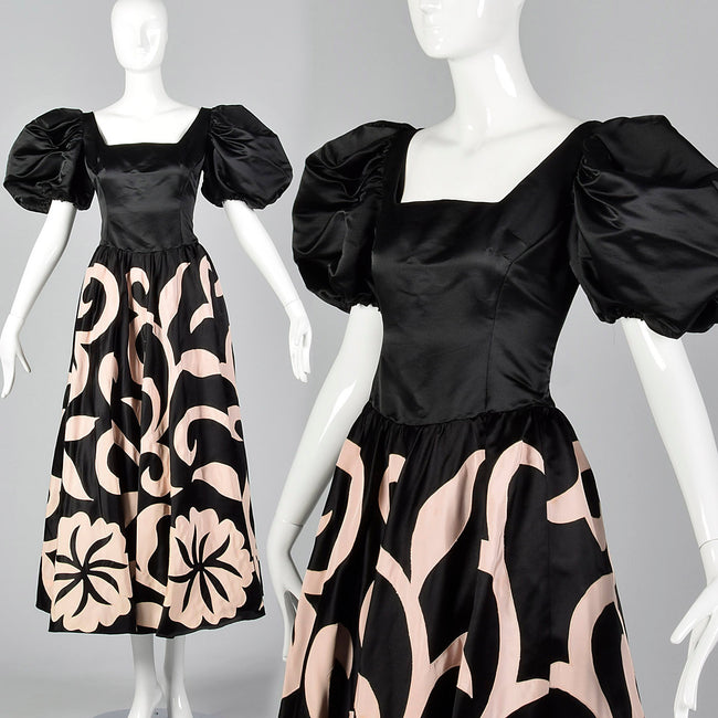 1980s Black Party Dress with Applique Full Circle Skirt