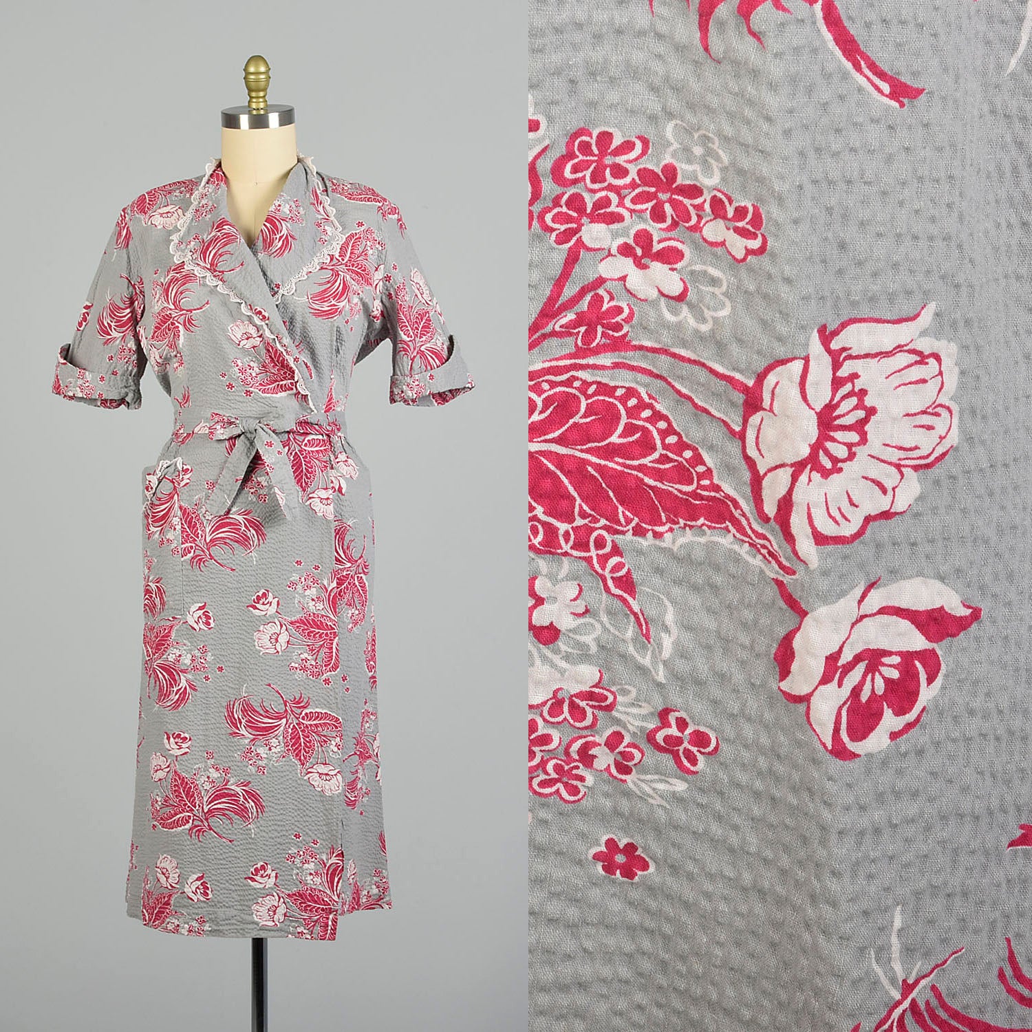 XXL 1950s Seersucker Wrap Dress Novelty Print Grey Hot Pink Casual Summer Day Dress House Dress