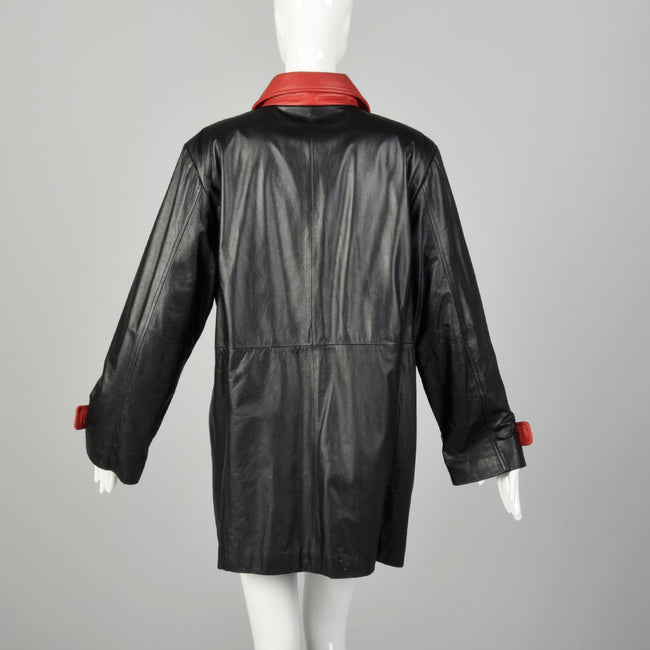 XL 1980s Military Inspired Black Leather Jacket Double Breasted with Red Trim