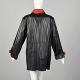 XL 1980s Military Inspired Black Leather Jacket Double Breasted with Red Trim