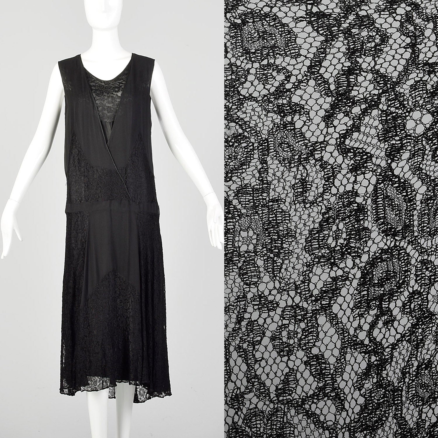Medium 1920s Black Silk Dress Lace Panel Elegant Sleeveless Evening