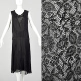 Medium 1920s Black Silk Dress Lace Panel Elegant Sleeveless Evening