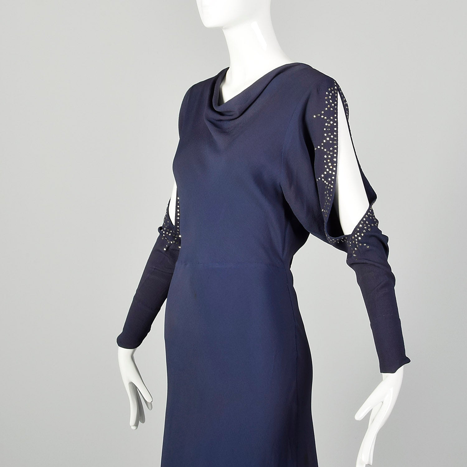 Small 1930s Blue Dress Bias Cut Rhinestone Slit Long Sleeve Evening Gown