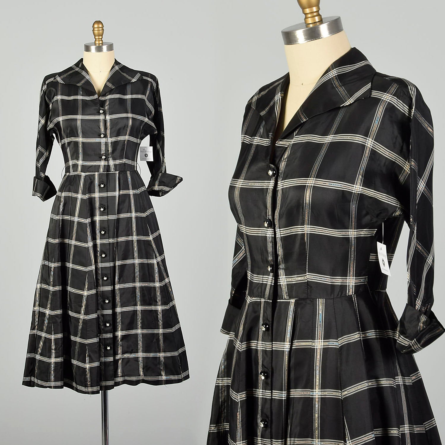 Medium 1950s Dress Black Taffeta Hourglass Plaid Cocktail Party Dress