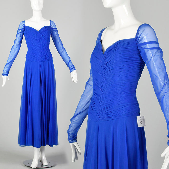 Large 1980s Dress Vicky Tiel Blue Mesh Gown Long Sheer Sleeves Ruched Bodice Sweetheart Neckline
