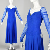 Large 1980s Dress Vicky Tiel Blue Mesh Gown Long Sheer Sleeves Ruched Bodice Sweetheart Neckline