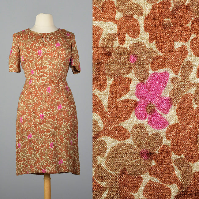 1950s Brown Floral Dress with Cut Out Neck