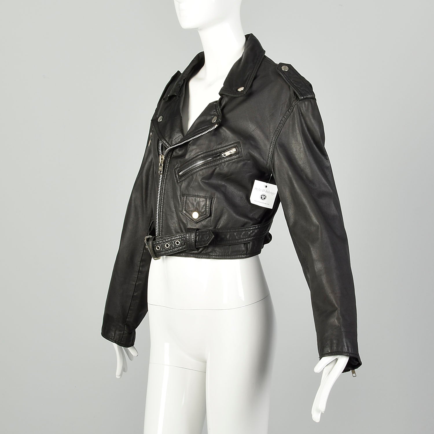 1990s Black Leather Cropped Biker Jacket Belt