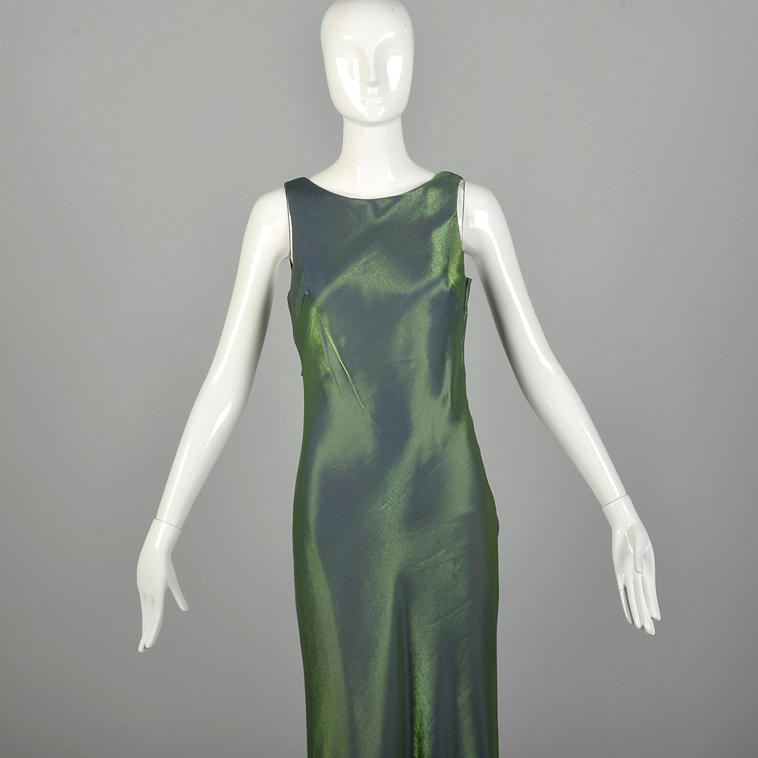 Small 1990s De Laru Prom Dress Iridescent Green Bias Cut Sleeveless Gown