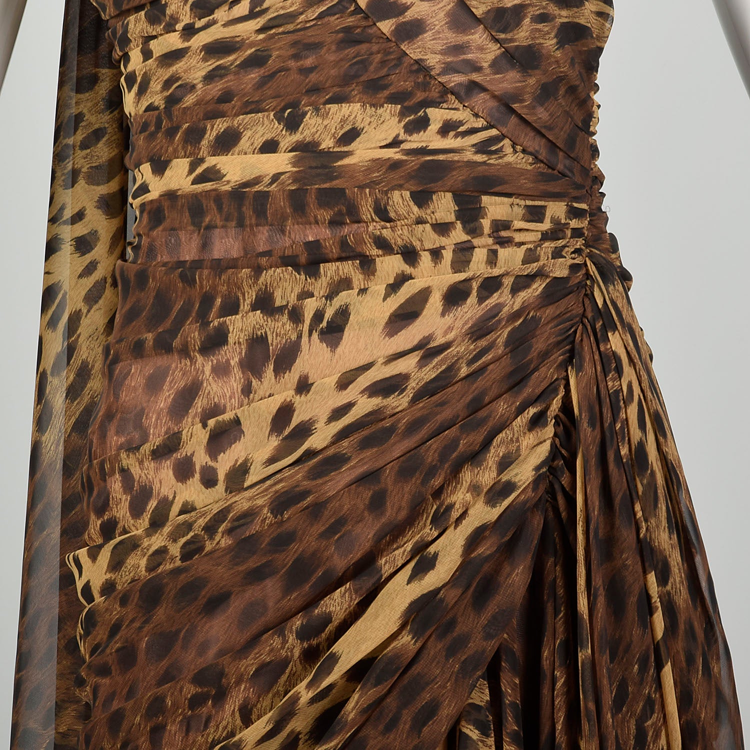 Small 1990s Tadashi Animal Print Dress Brown One Shoulder Asymmetric Hem