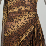 Small 1990s Tadashi Animal Print Dress Brown One Shoulder Asymmetric Hem