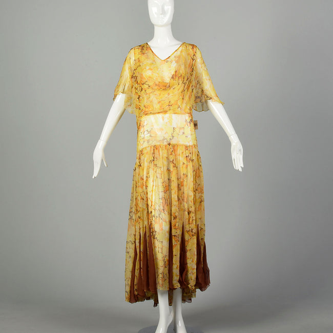XL 1930s Sheer Silk Dress Floral Print Orange Yellow Volup Flowy Elegant Gown