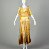 XL 1930s Sheer Silk Dress Floral Print Orange Yellow Volup Flowy Elegant Gown