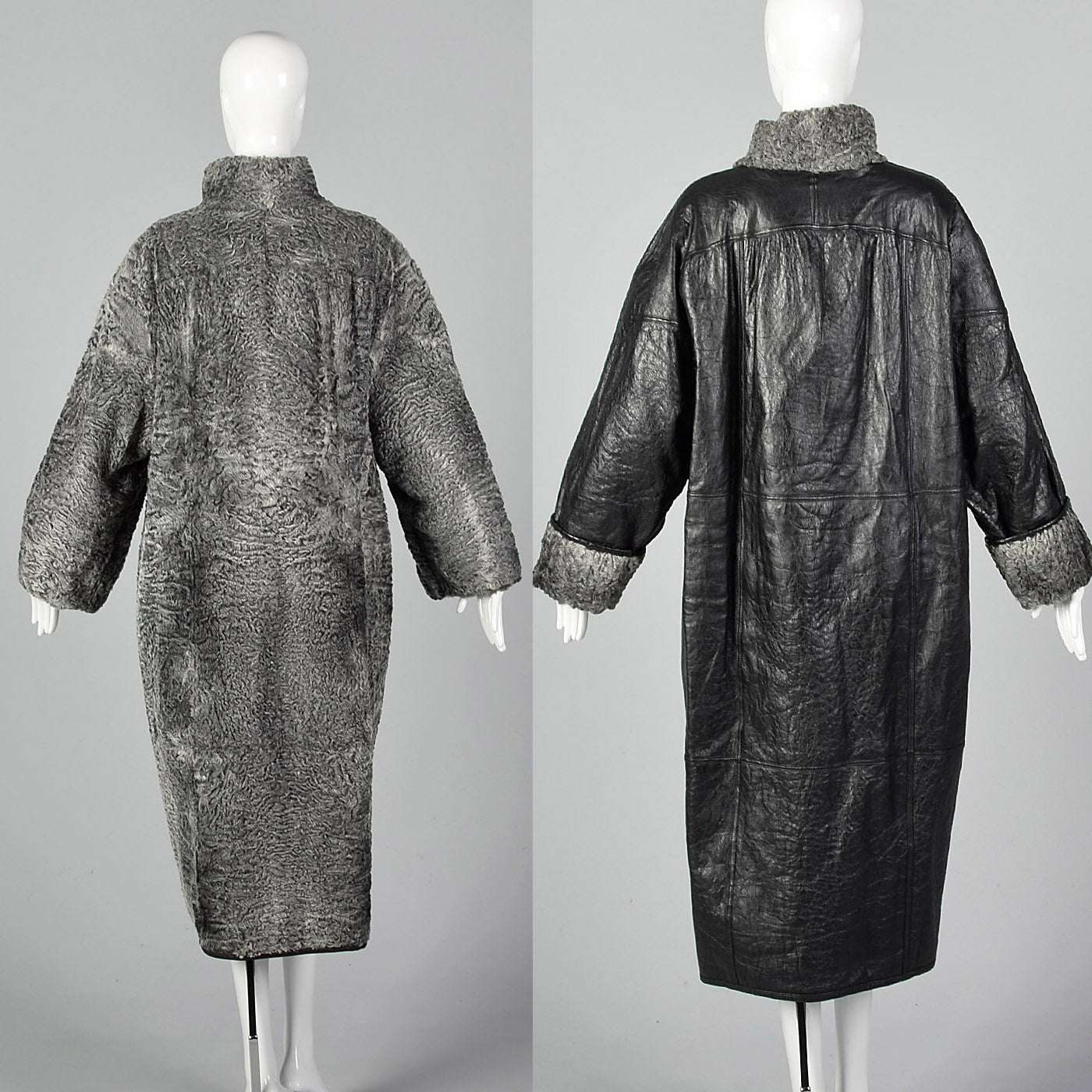 1980s Black Leather Gray Wool Reversible Coat