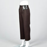 1980 Brown and Black Herringbone Pants with Leather Trim