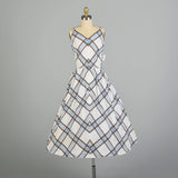 Medium 1950s Day Dress Blue Plaid Casual Cotton Summer Sleeveless Sundress
