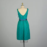 XS 1960s Blue Green Brocade Cocktail Dress Sleeveless Jewel Tone V-Neck Party Dress