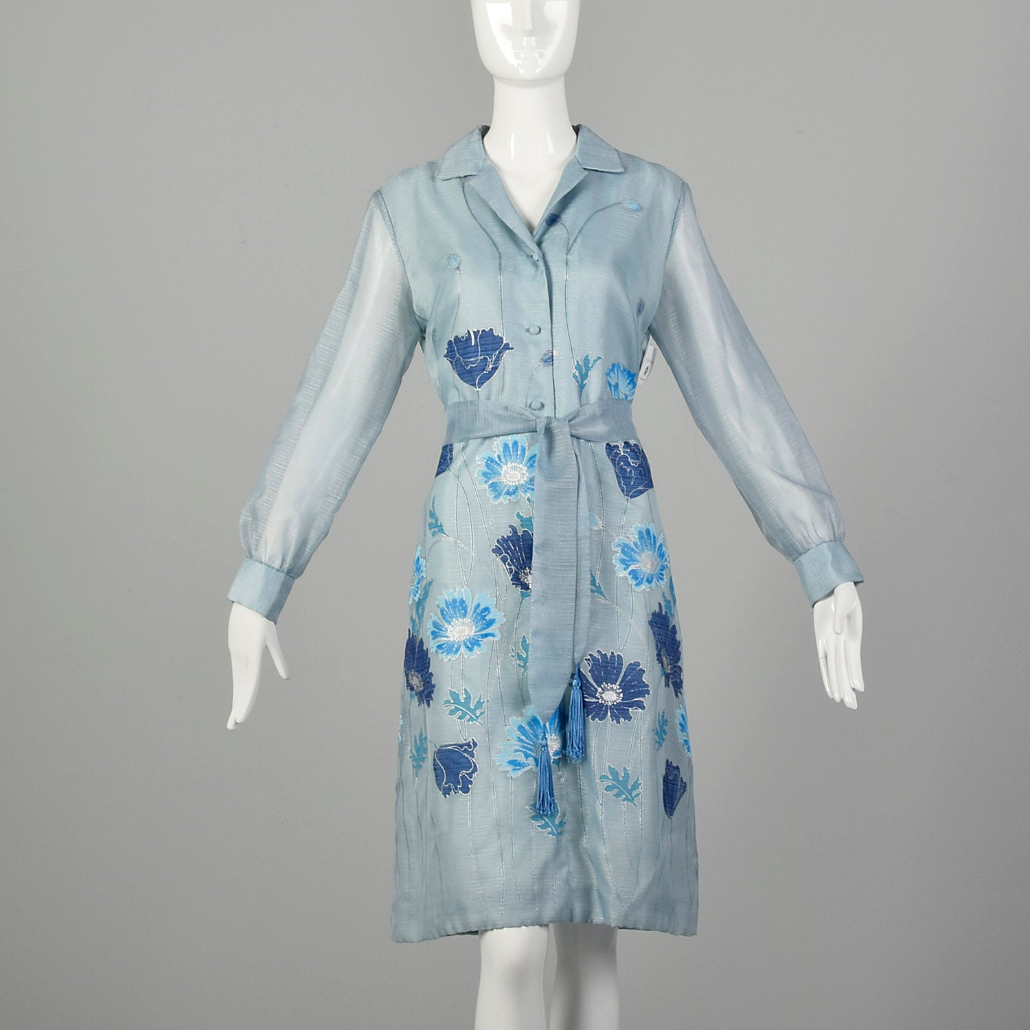 Large 1970s Dress Blue Lightweight Flower Long Sleeve Tassel Belted
