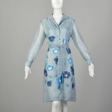 Large 1970s Dress Blue Lightweight Flower Long Sleeve Tassel Belted