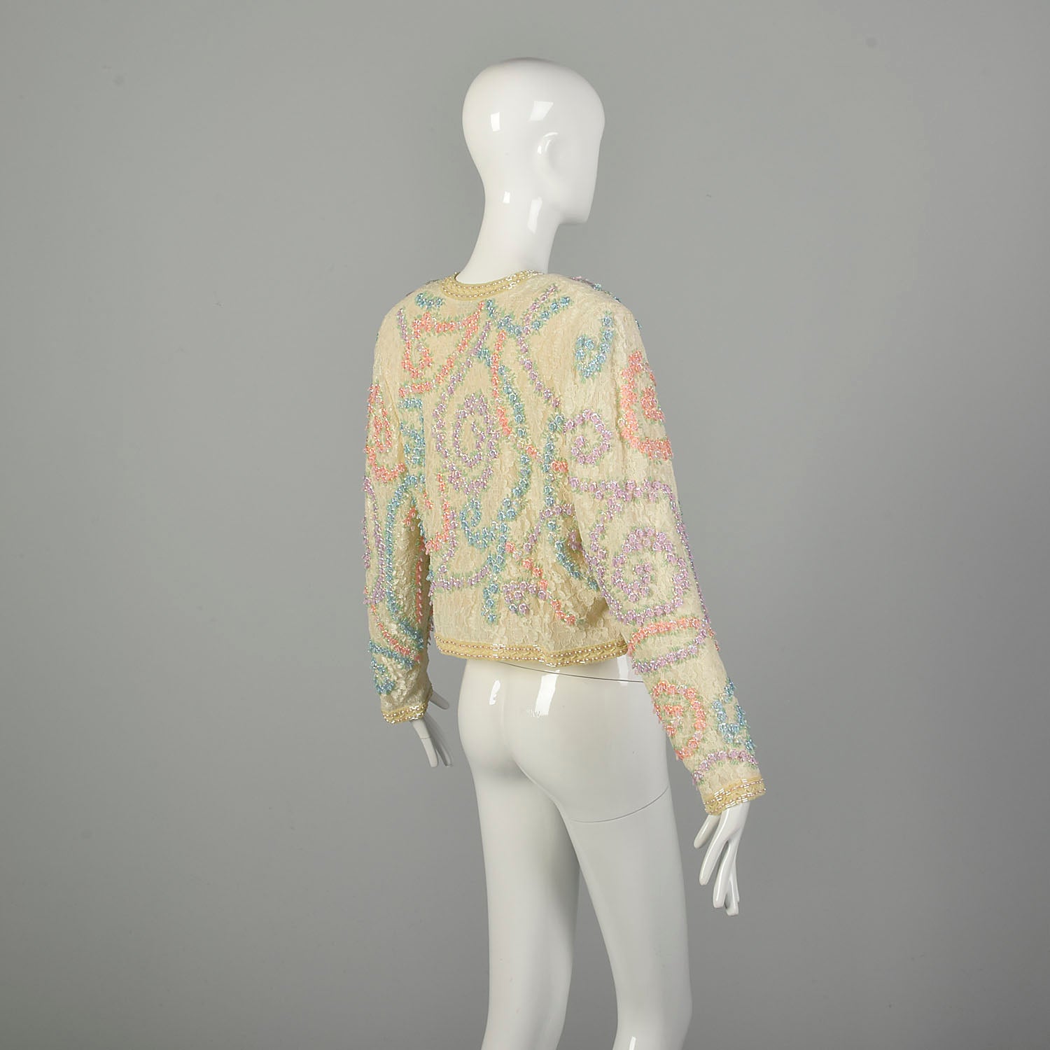 Medium 1980s Diane Freis Beaded Lace Jacket Spring Pastel Bolero
