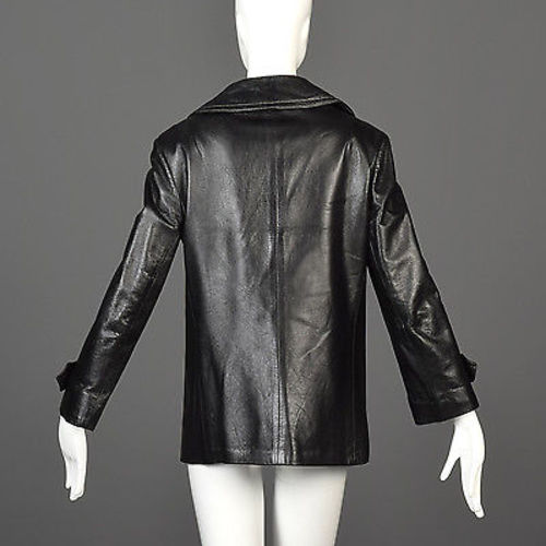 1960s Anne Klein Black Leather Jacket with Tweed Lining