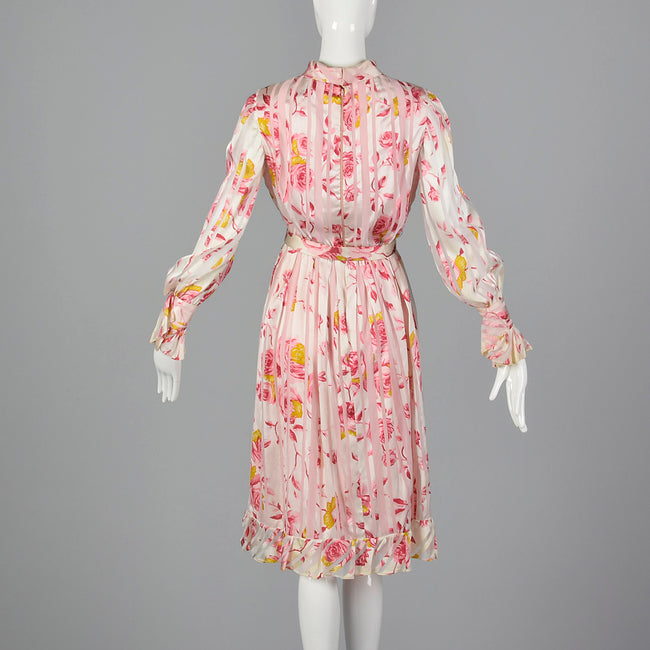 Medium 1970s Christian Dior Pink Floral Stripe Dress Long Sleeve
