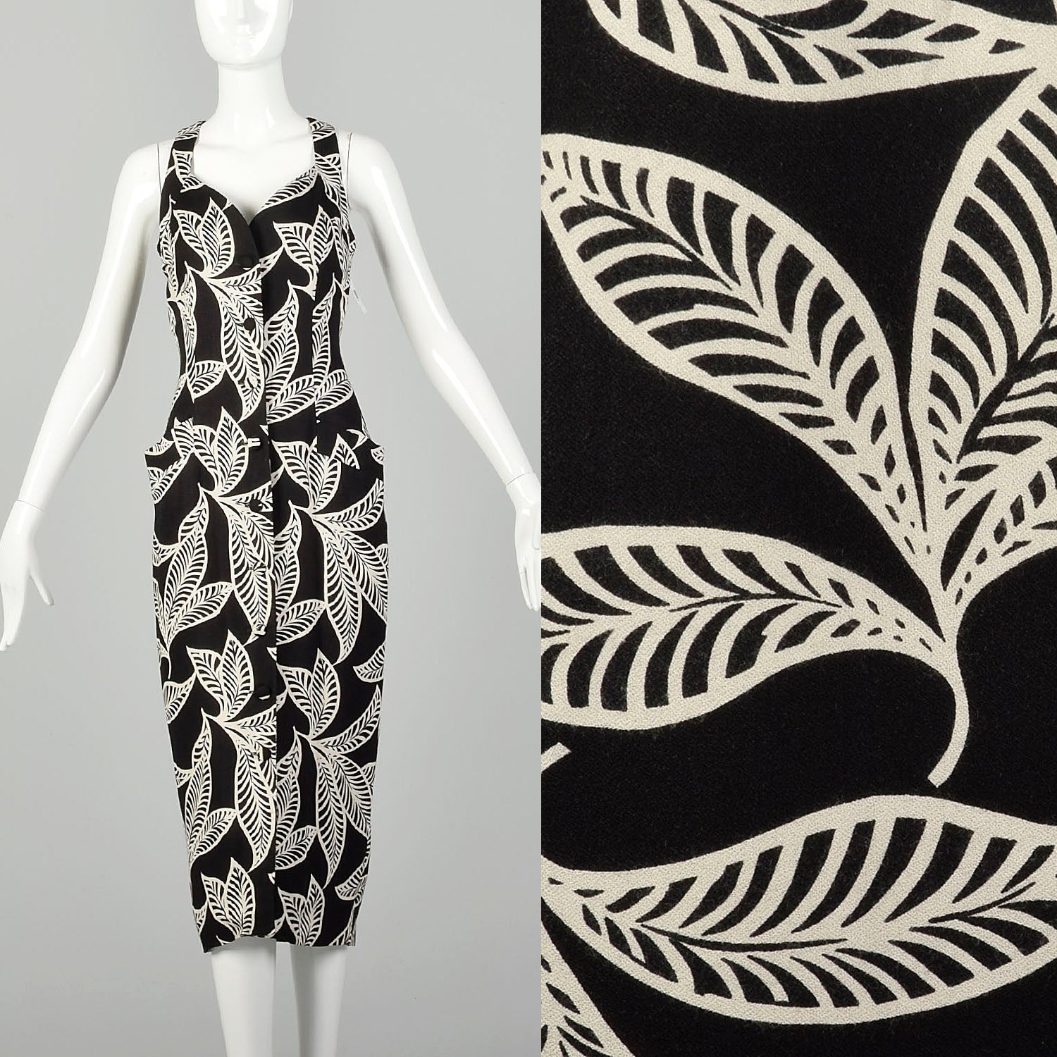 Medium 1990s Tropical Print Black Dress Casual Sleeveless