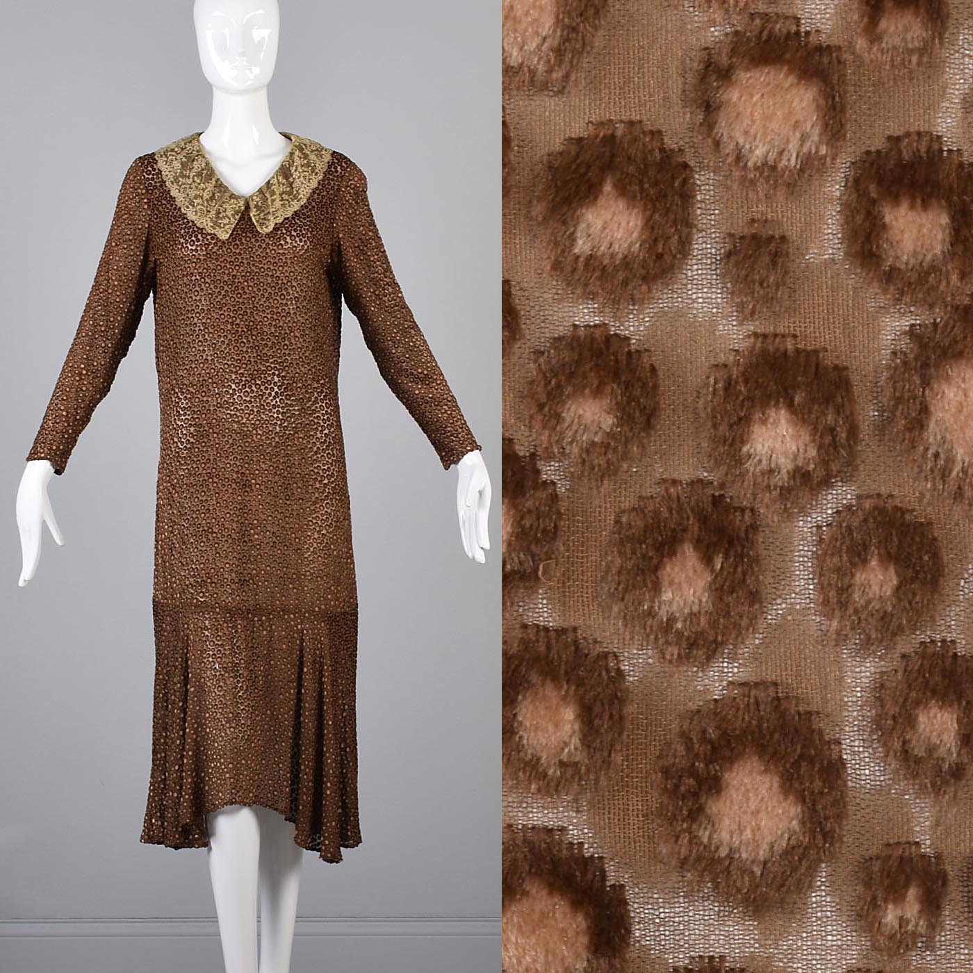 1920s Brown Silk Dress with Lace Trim