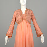 Small 1970s Mike Benet Set 2pc Orange Beaded Jacket Modest Maxi Prom Dress Formal Gown
