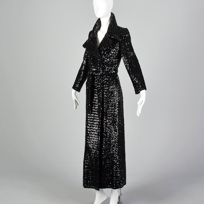 XS 1970s Black Sequin Trench Coat